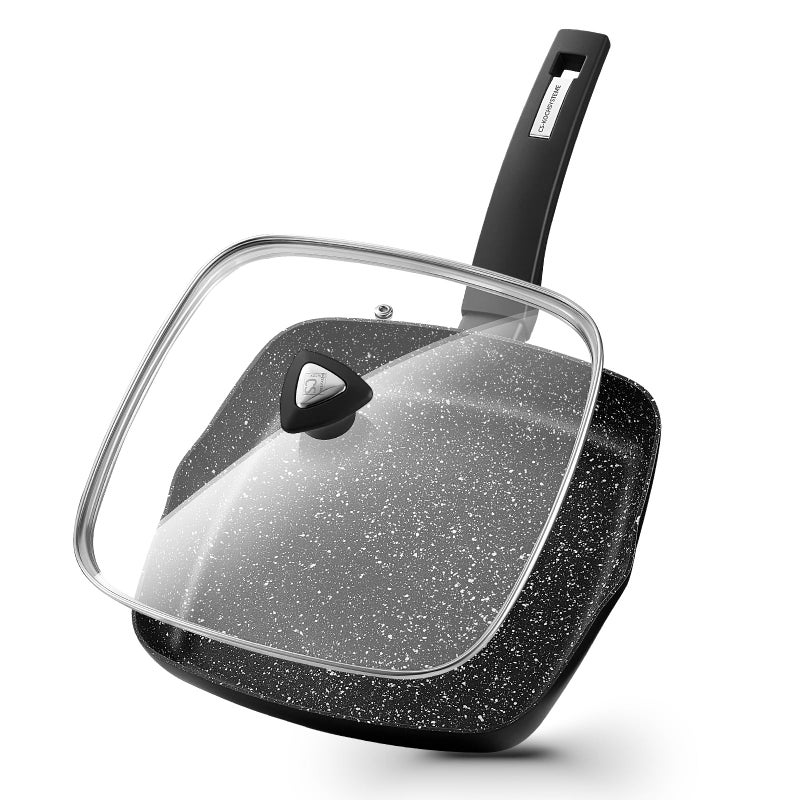 KOCH SYSTEME CS 9.5 Inch Nonstick Grill Pan for Stove Tops, Marble Coating Square Grill Skillet with Lid, Fry Pan Compatible with all Stoves, Ultimate Nonstick Skillet with Bakelite Handle, Toxic-Free - Image 1